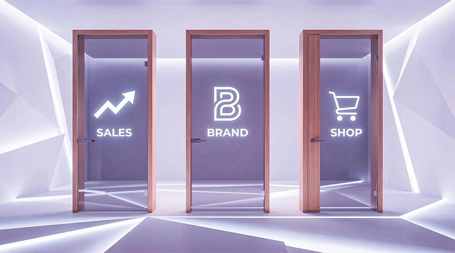 Ilustración minimalista de tres paquetes de precios escalonados para diseño web en Tarragona: Básico, Corporativo y E-commerce, con etiquetas de precio y un icono de gráfico ascendente